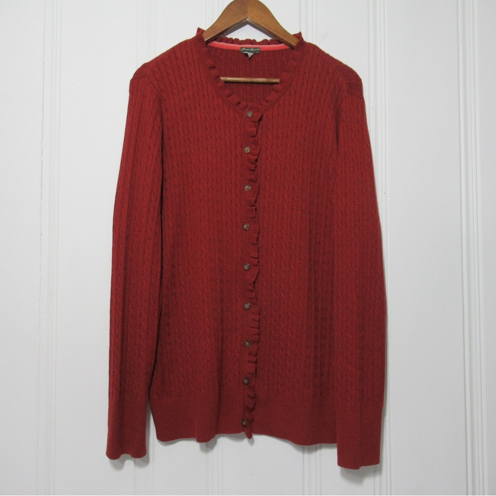Eddie Bauer Red Cable Knit Sweater Cardigan Ruffle Detail Size 3X